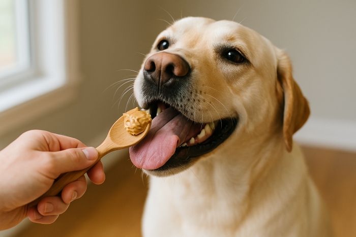 A happy dog enjoying a safe treat of peanut butter from a spoon